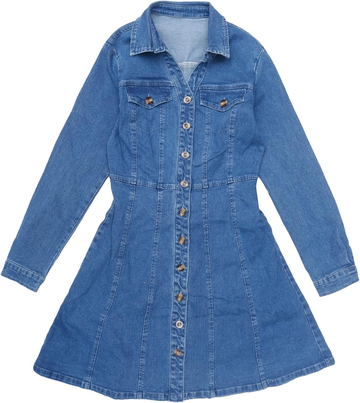 Allegra K Women's Denim Dress Button Down Collar V Neck Long Sleeve A-line Cotton Jean Dress