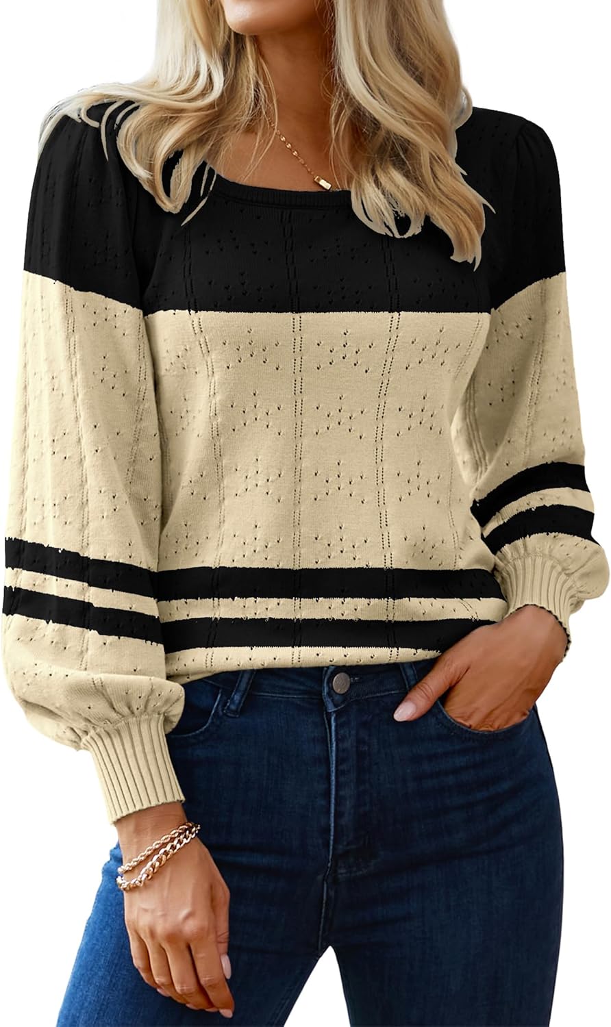 HOTOUCH Sweaters for Women 2025 Fall Trendy Tops Casual Puff Sleeve Square Neck Cute Tunic Pullover Blouses XS-XXL