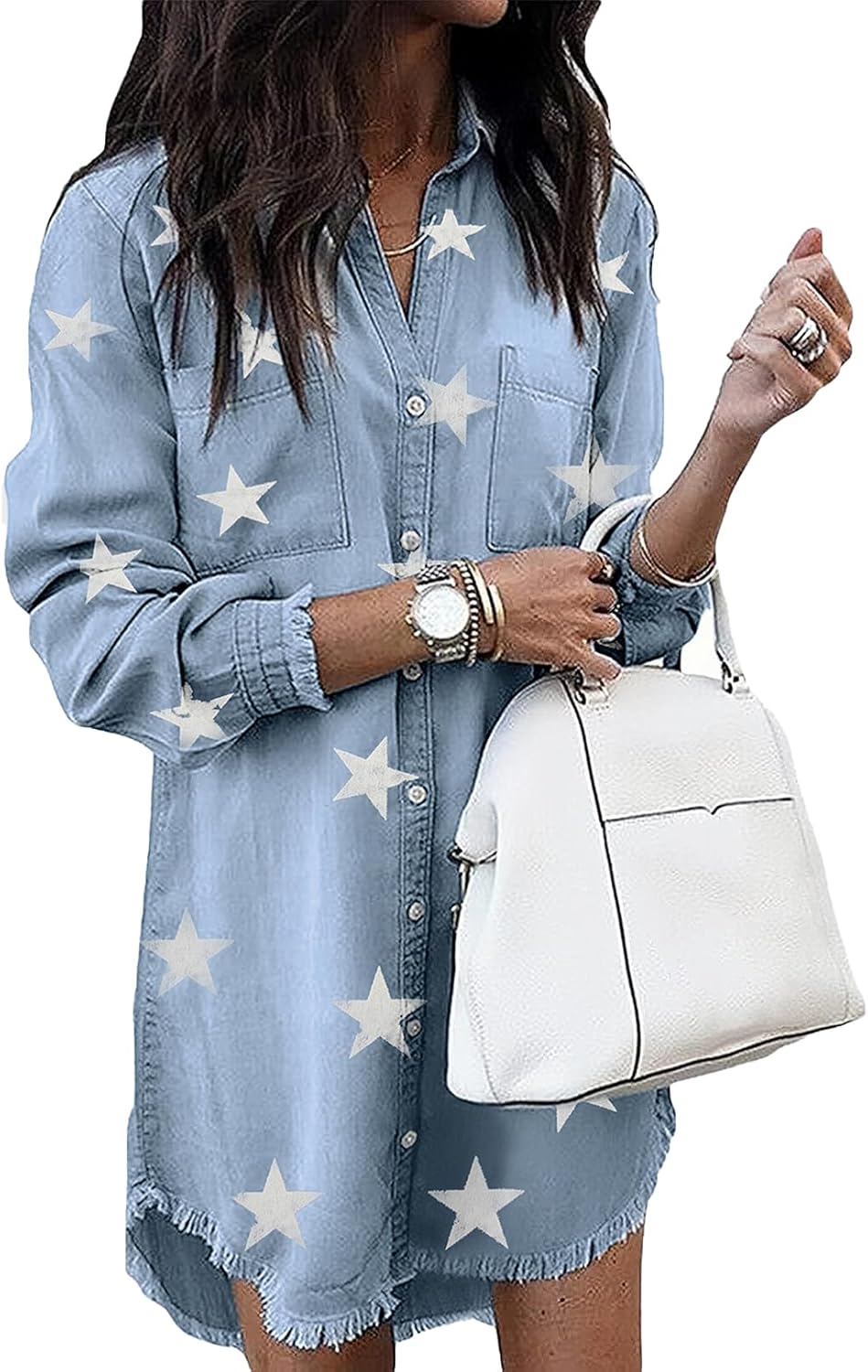 Zilcremo Women Denim Shirt Dresses Long Sleeve Distressed Jean Dress Button Down Casual Tunic Top