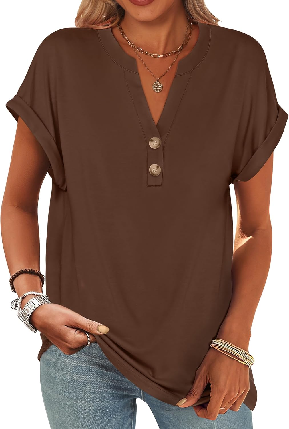 ANRABESS Womens Short Sleeve Henley Tops V Neck Dressy Casual Blouses Summer Trendy Tee Shirts 2025 Vacation Fashion Clothes