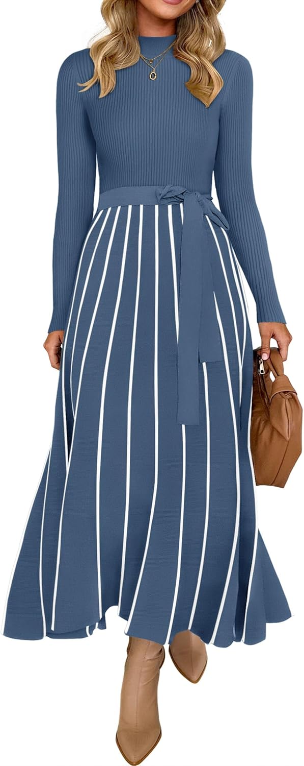 ZESICA Womens 2025 Fall Turtleneck Long Sleeve Sweater Dress Tie Waist Casual Loose Ribbed Knit A Line Midi Dresses