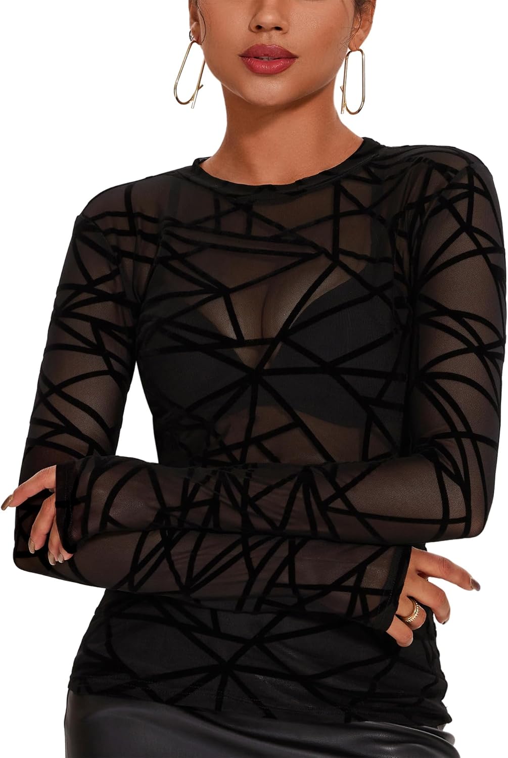 AKEWEI Womens Mesh Long Sleeve Tops Crew Neck Sexy See Through Tee Shirts Party Club Night Lace Blouse