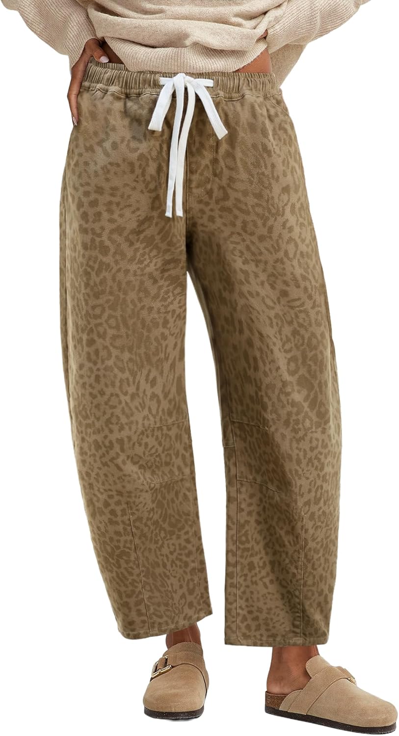 GRAPENT Barrel Jeans for Women Trendy High Waisted Pull On Wide Leg Cropped Leopard Cheetah Print Stretchy Denim Pants