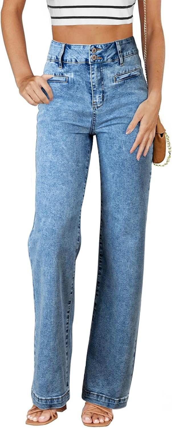 Sidefeel Women's Jeans High Waisted Straight Leg Stretchy Jeans Trendy Welt Pockets Loose Wide Leg Zimbaplatinum Denim Pants