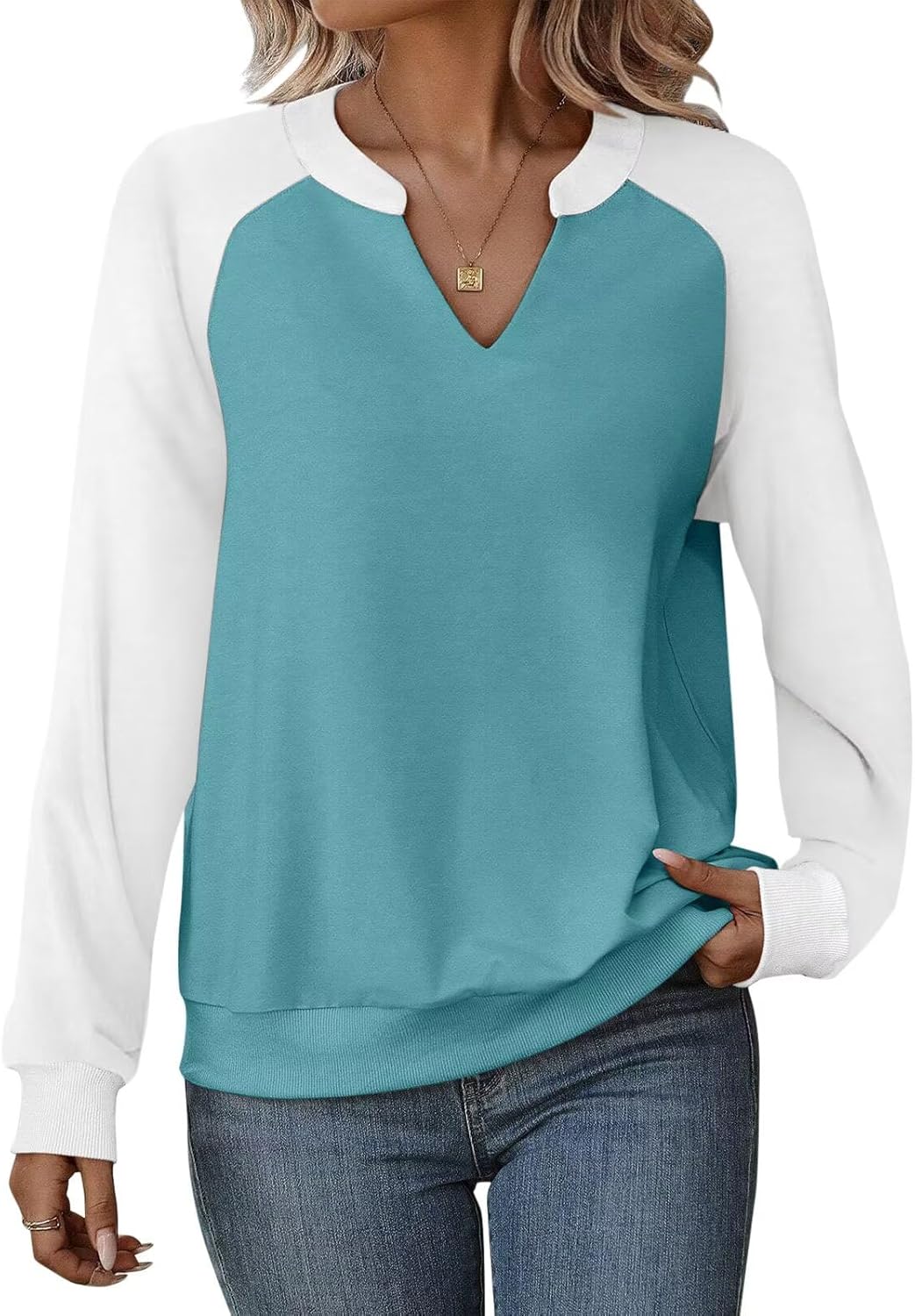 EADINVE Women Casual Long Sleeve V Neck Sweatshirts Cute Loose Fit Lightweight Pullover Tops