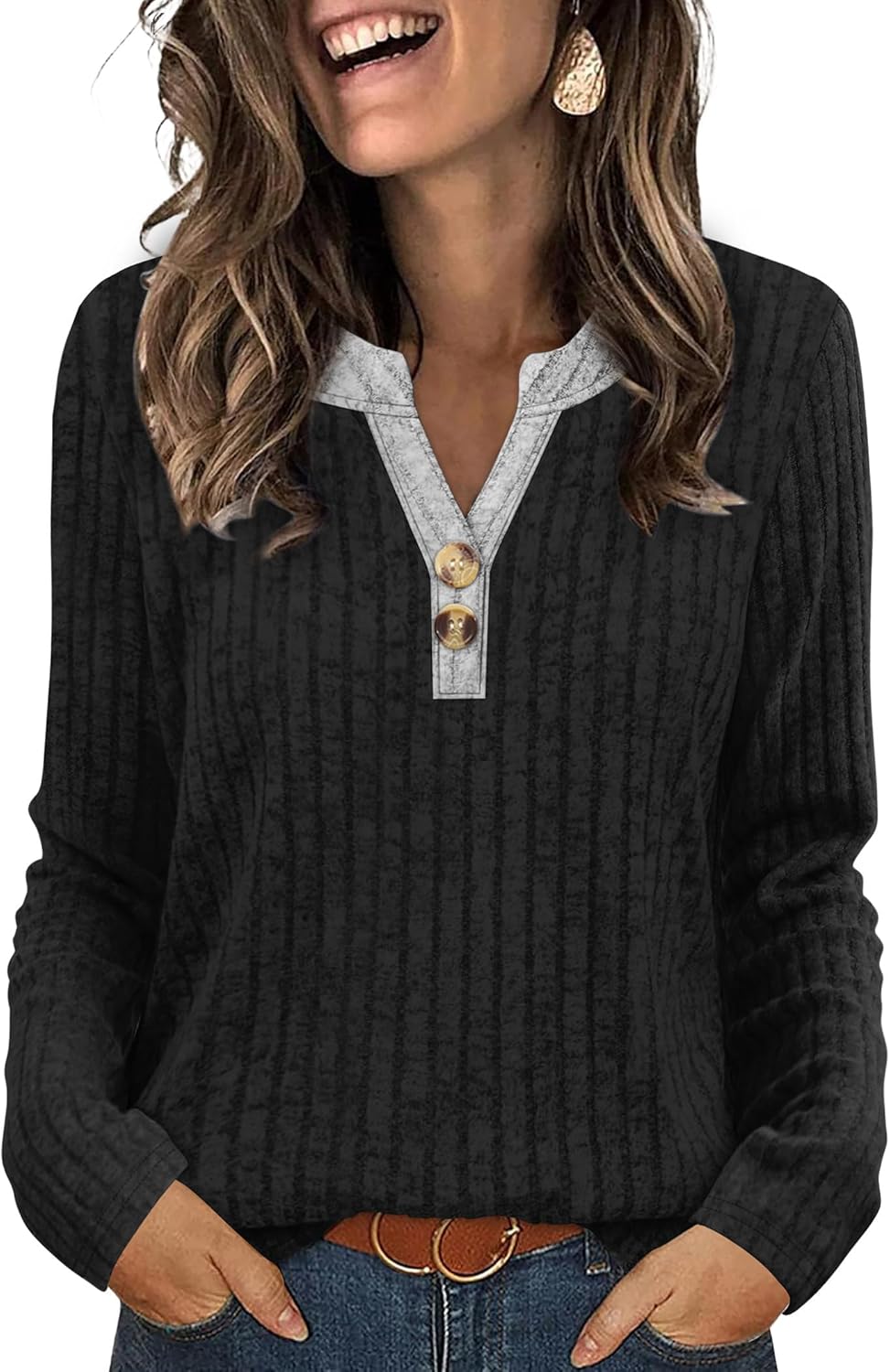 SAMPEEL Womens Sweaters Lightweight Long Sleeve Shirts V Neck Tops with Button Fall Outfits 2025