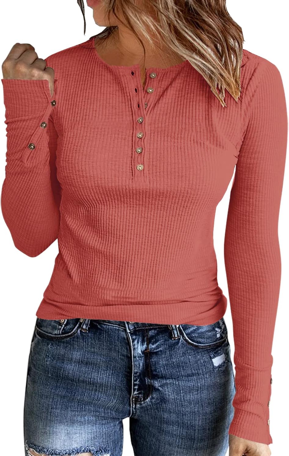 Womens Long Sleeves Ribbed Knit Tunic Shirts Scoop Neck Button Down Tops Casual Henley Tee Shirt Slim Fit Blouses