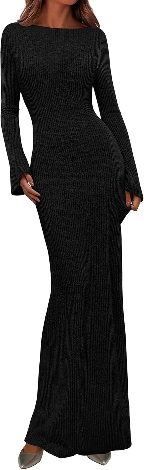 PRETTYGARDEN Women's Fall Fashion 2025 Long Sleeve Maxi Dress Ribbed Knit Boat Neck Bodycon Casual Dresses Going Out Outfits
