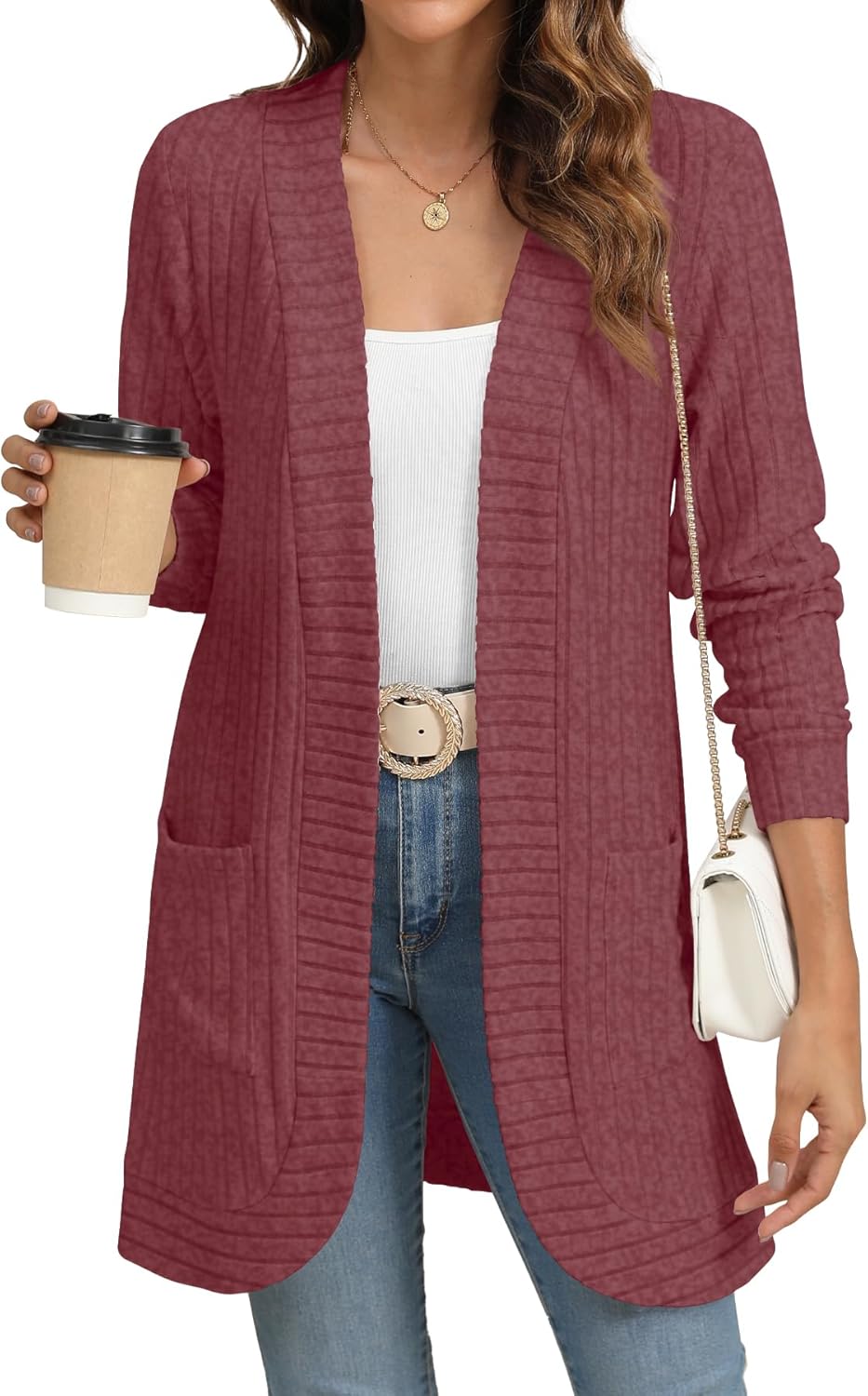 Women Long Sleeve Open Front Cardigan Casual Lightweight Long Cardigans Loose Knit Outwear with Pockets