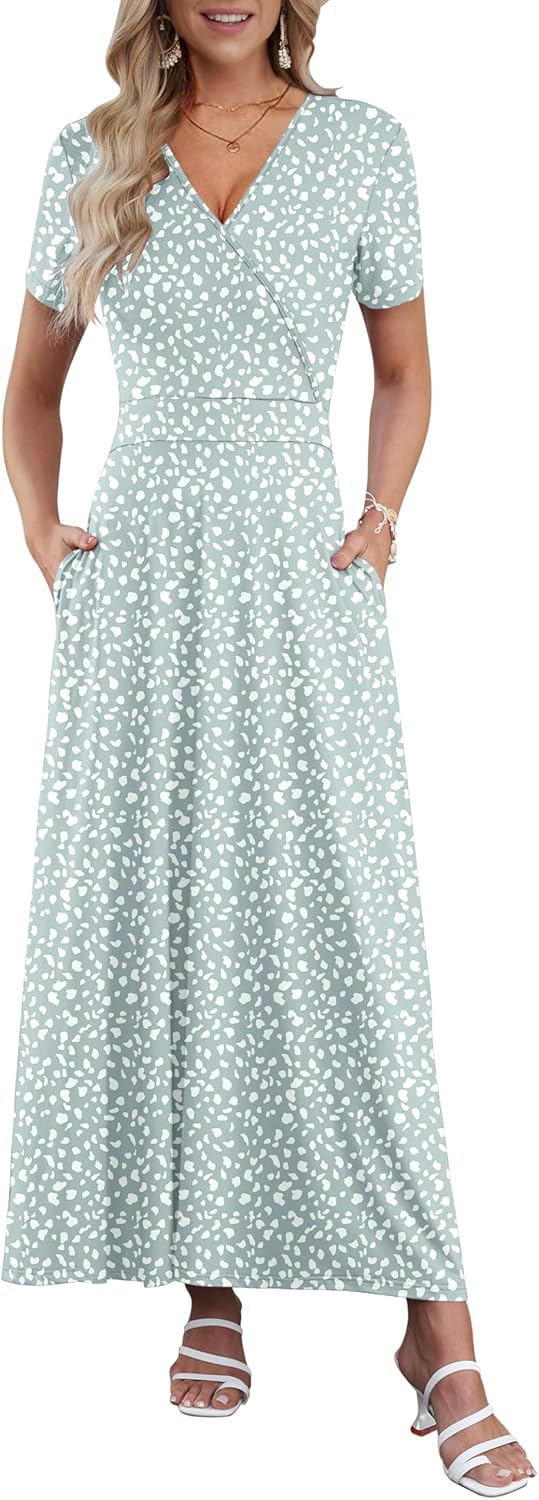 AUSELILY Maxi Dresses for Women Ankle Length Floral Print Beach Long Flowy Dress with Pockets