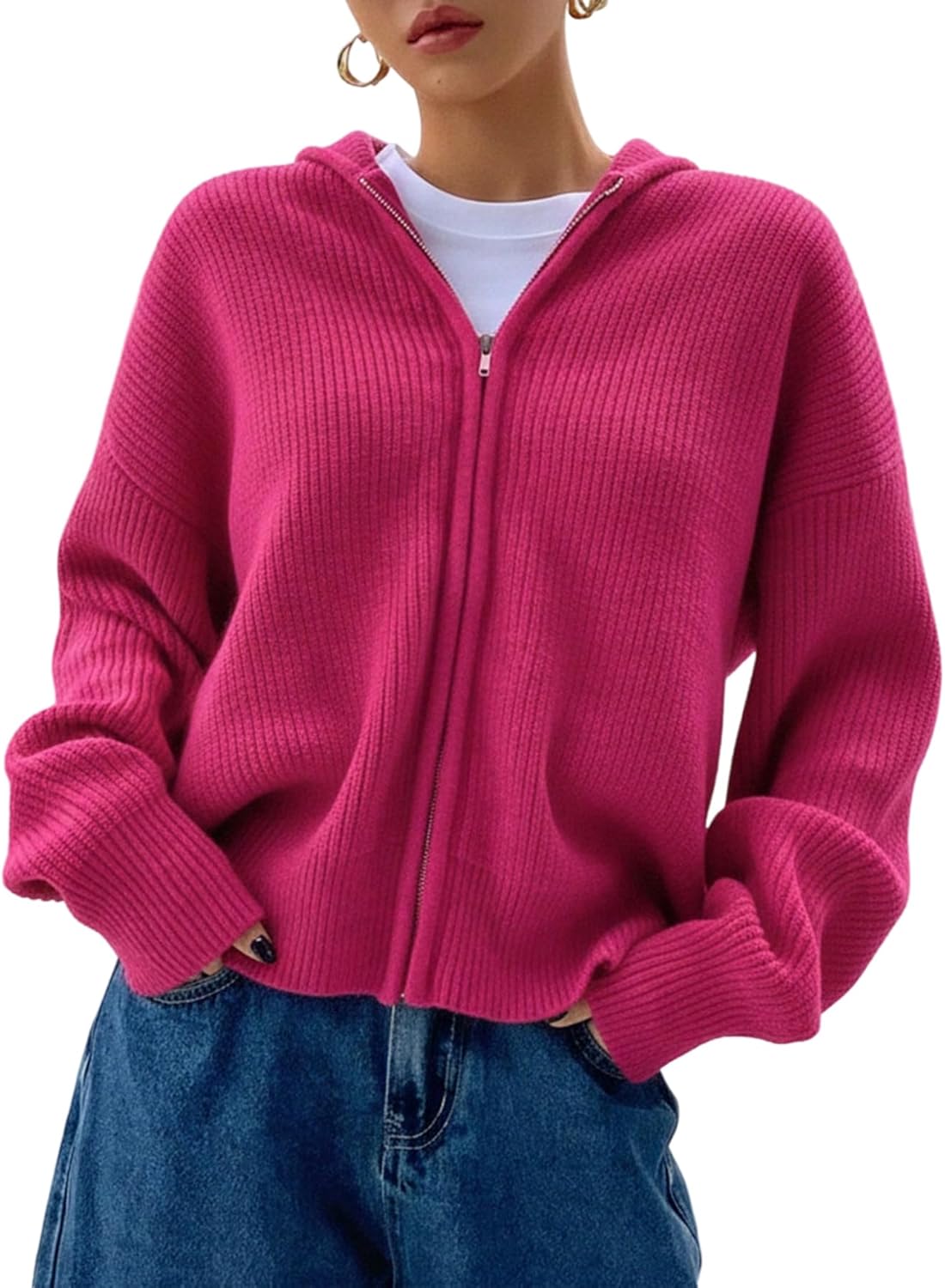 SOLY HUX Zip Up Cardigan for Women Hooded Cardigan Sweater Knitted Drop Shoulder Fall Clothes Winter Hoodies Outerwear