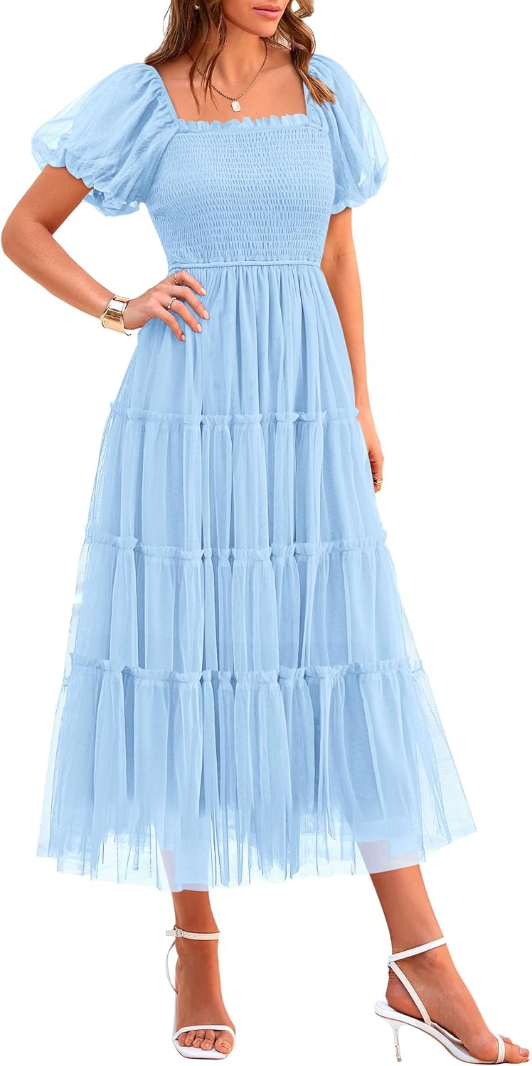 PRETTYGARDEN Women's Smocked Midi Tulle Dress 2025 Summer Puffy Short Sleeve Square Neck Ruffle Wedding Guest Party Dresses