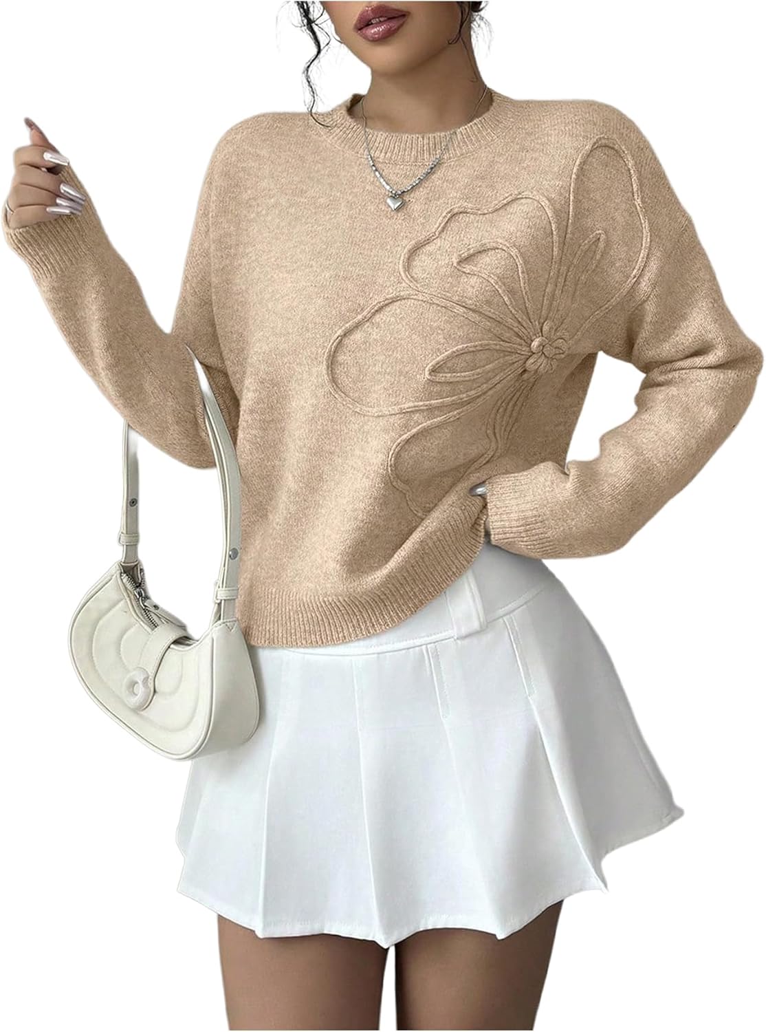 Women's 3D Floral Appliques Crewneck Sweaters Long Sleeve Drop Shoulder Pullovers Elegant Knit Tops