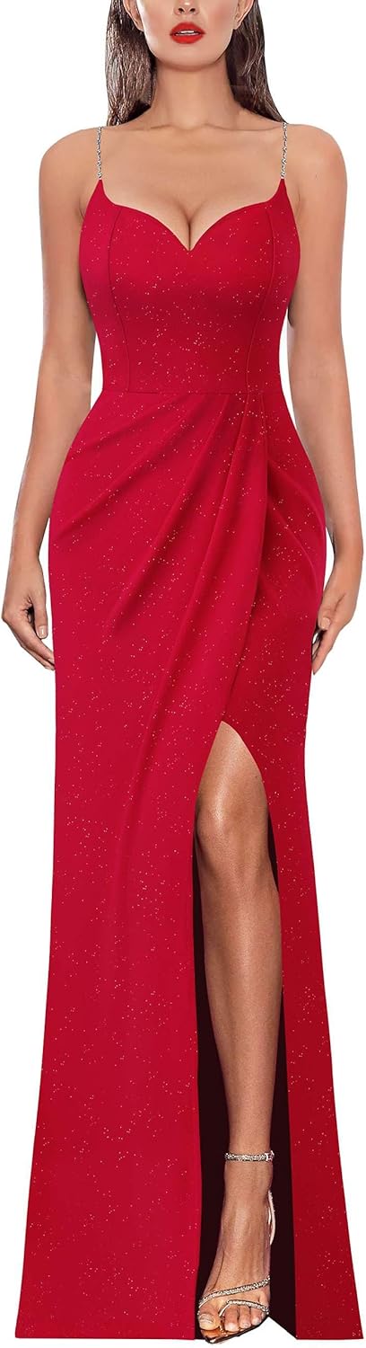 VFSHOW Womens Sexy Formal Ruched Fitted High Slit Bodycon Maxi Dress Spaghetti Strap Sweetheart Cocktail Prom Evening Gown