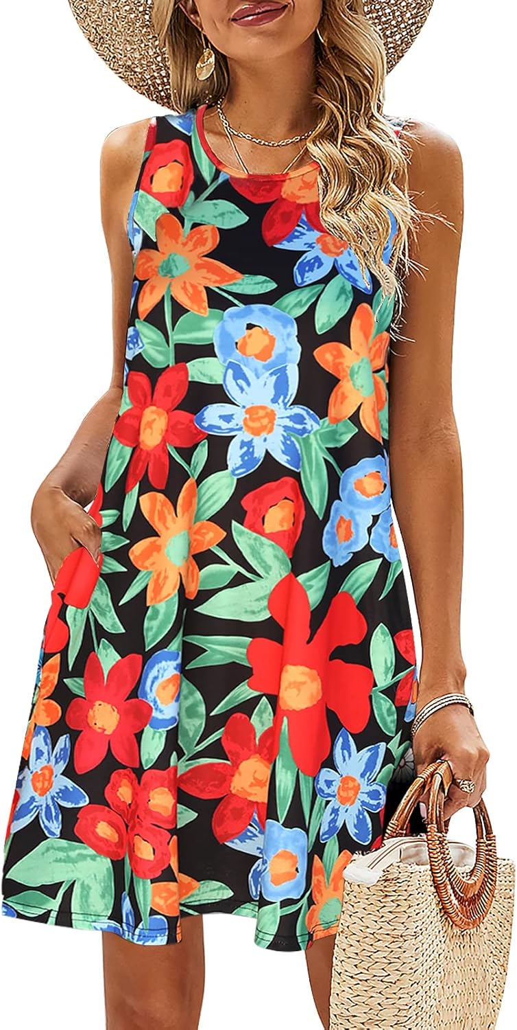 SimpleFun Summer Dresses for Women Beach Floral Tshirt Sundress Casual Pockets Boho Tank Dress