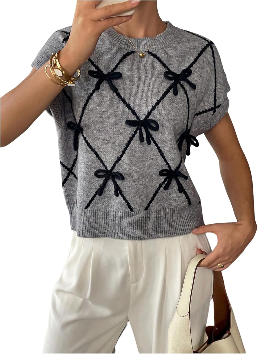 SOLY HUX Women's Ribbed Sweater Crew Neck Short Sleeve Loose Fit Floral Knit Pullover Tops