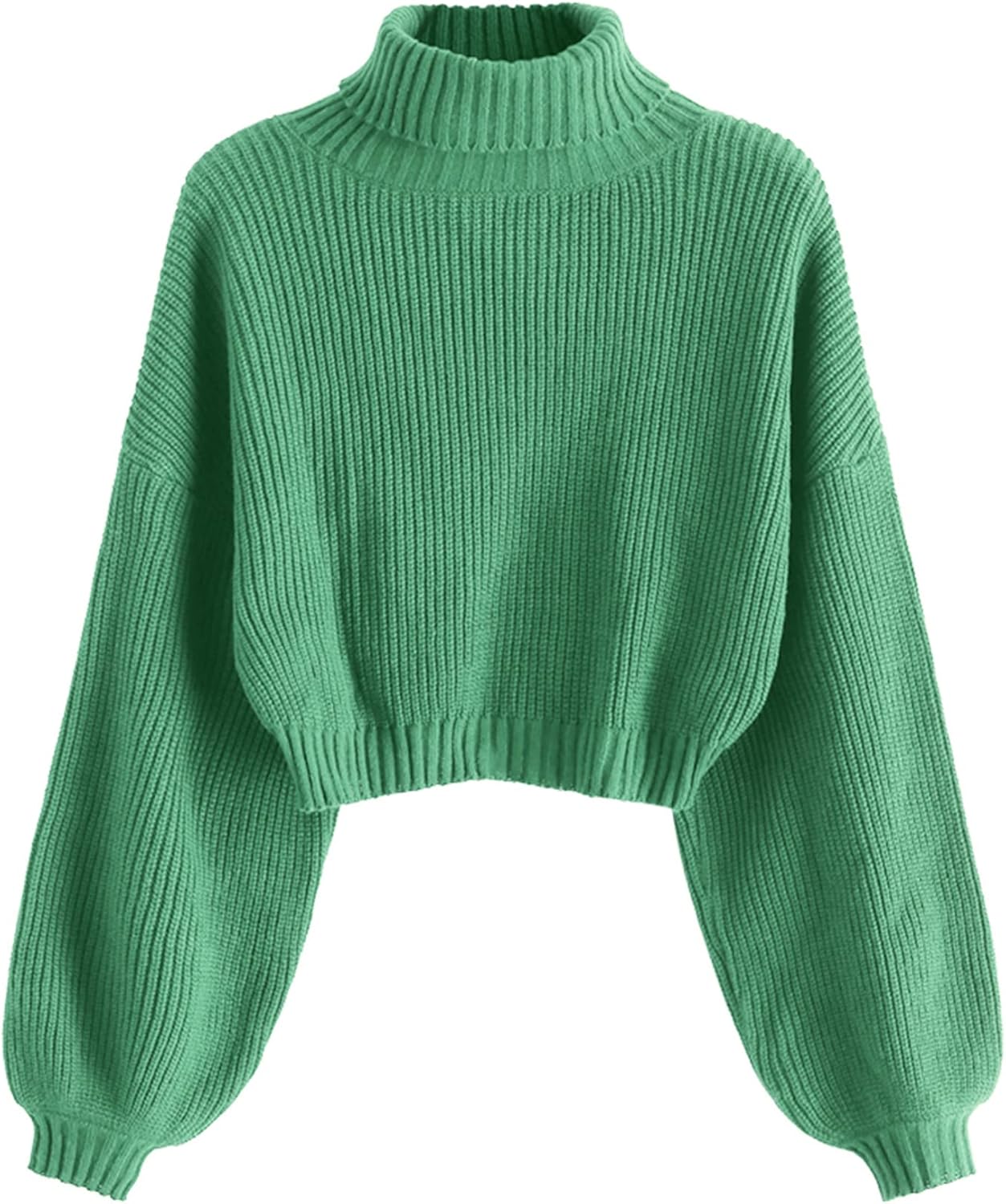 ZAFUL Women's Cropped Turtleneck Sweater Lantern Sleeve Ribbed Knit Pullover Sweater Jumper