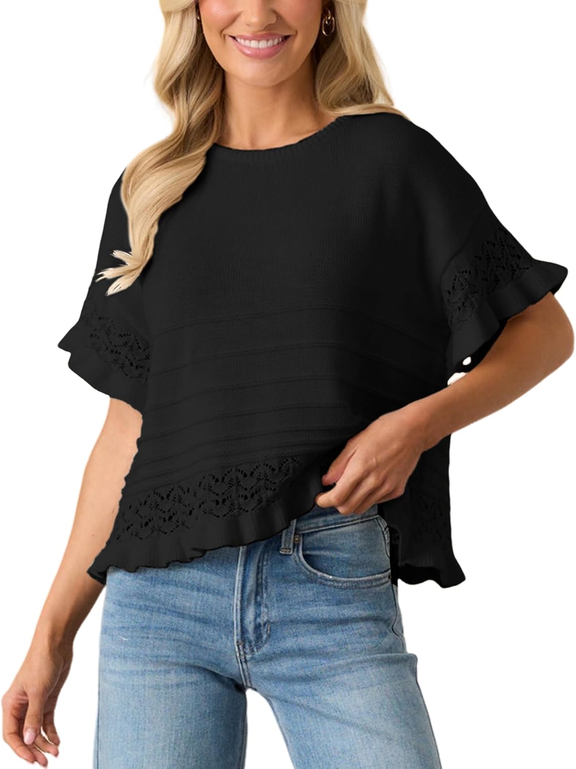 Yeokou Womens Short Sleeve Sweater Round Neck Ruffled Hem Knit Crochet Pullover Summer Fall Casual Top Blouse