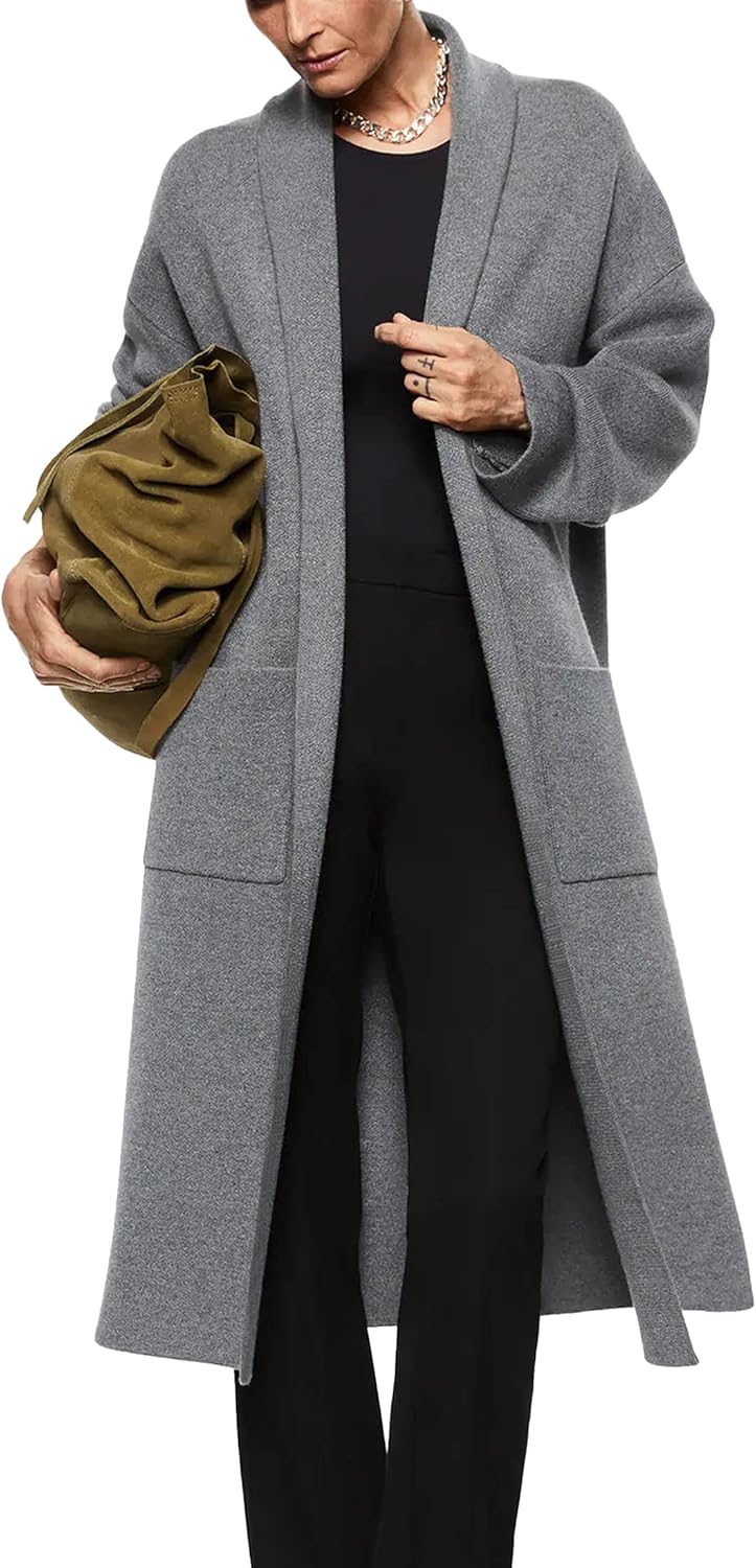 Womens Long Sleeve Maxi Cardigan Open Front Oversized Knitted Sweater Coat Casual Lapel Warm Overcoat with Pockets