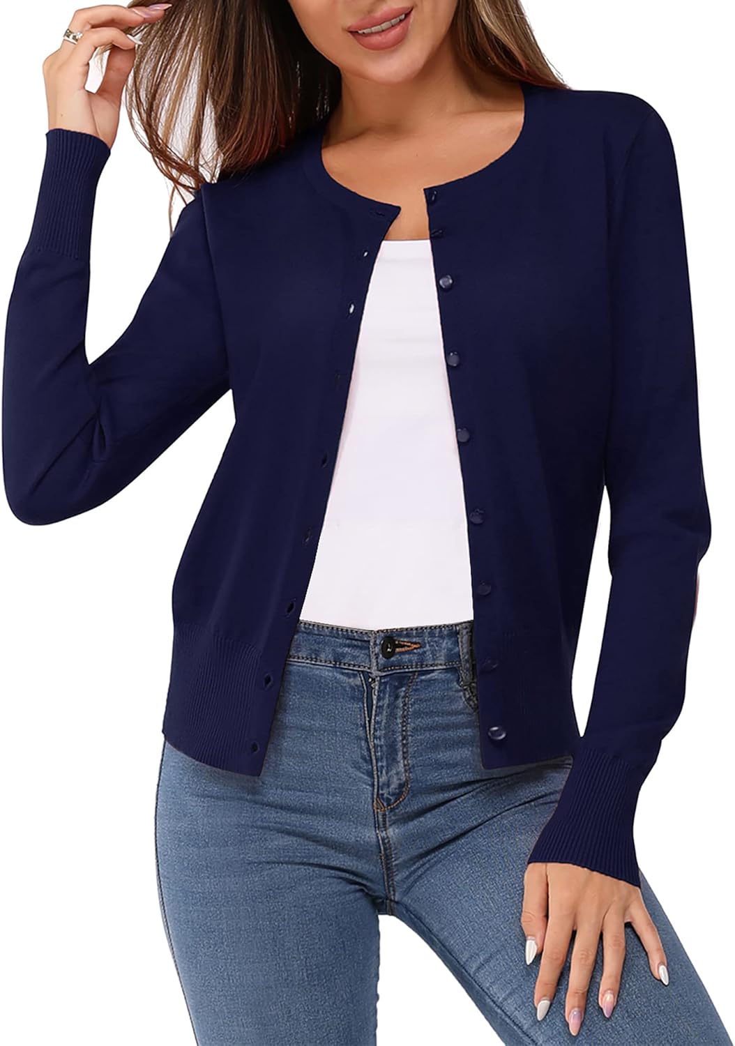 Newshows Women's Lightweight Button Down Cardigan Long Sleeve Casual Crew Neck Soft Knit Cardigans Sweater Tops