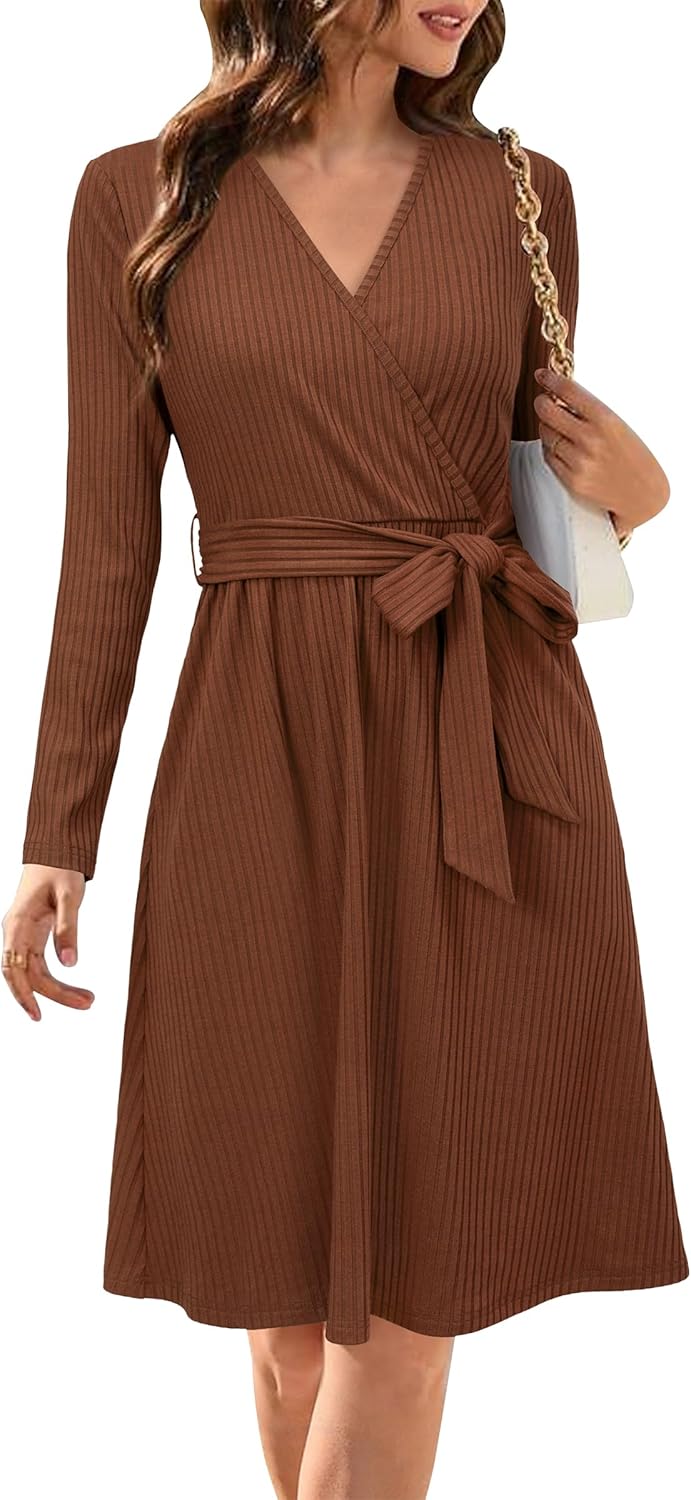 Newshows Womens 2025 Fall Dresses Teacher Church Business Casual Work Outfits Knit Midi Sweater Pockets Belt Dress