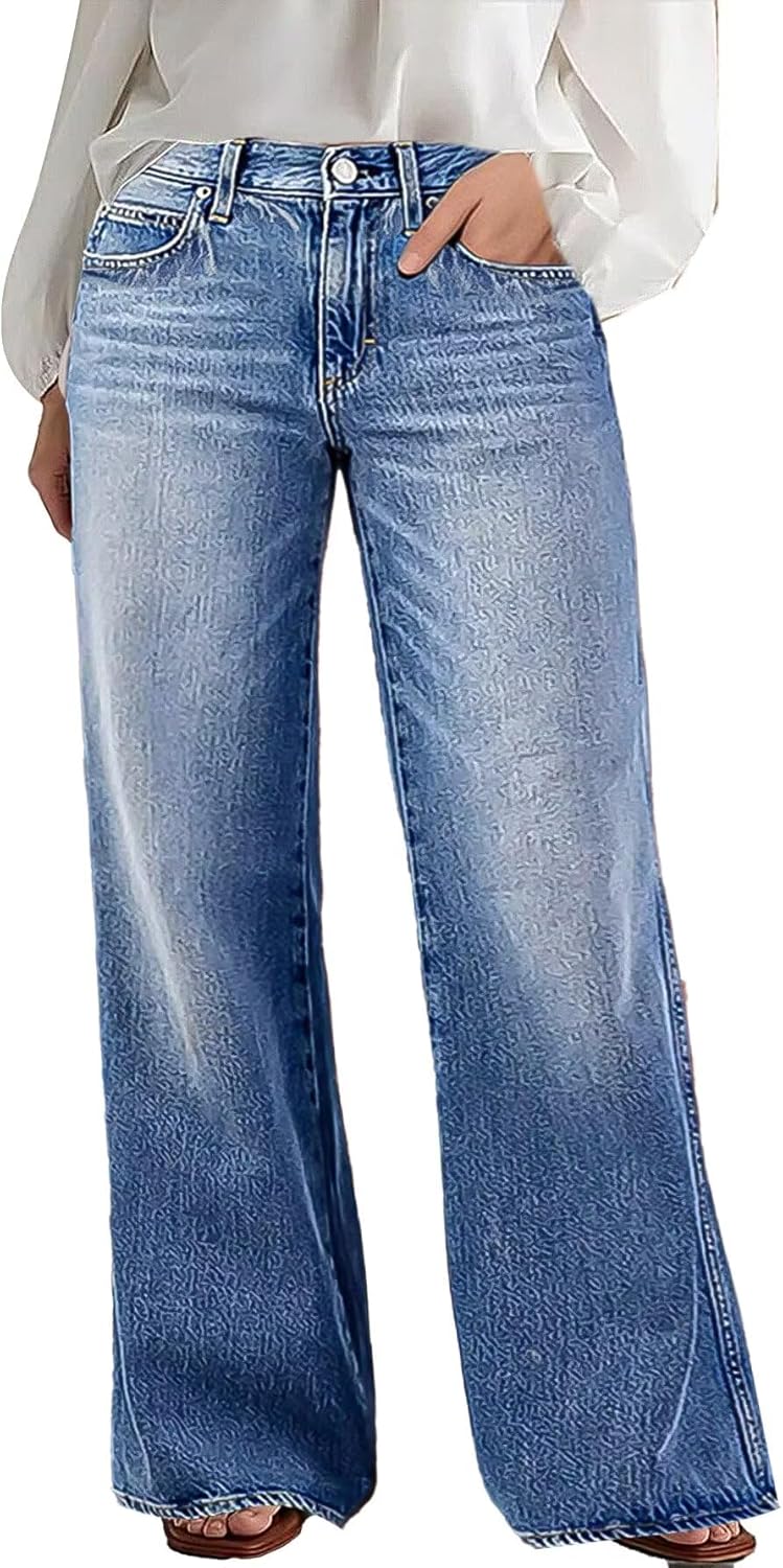 Flamingals Wide Leg Jeans for Women Mid Waist Baggy Stitch Decor Denim Washed Pants Without Belt