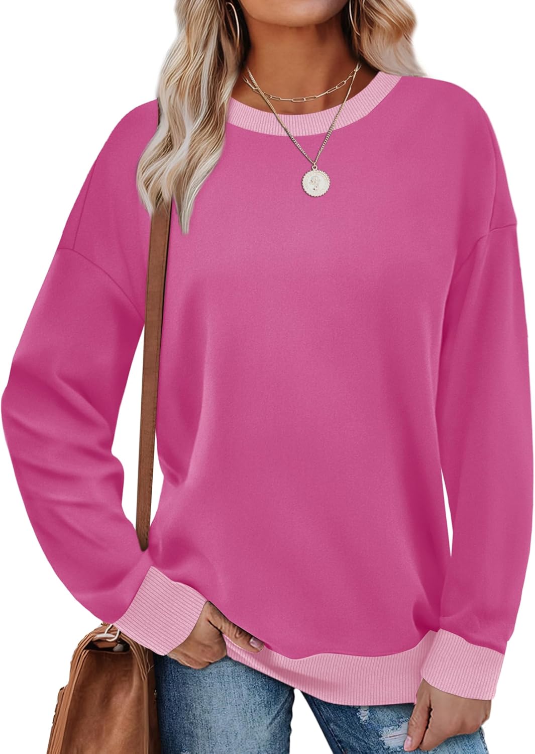 Saloogoe Sweatshirts for Women Crewneck Long Sleeve Loose Fit Tops Color Block Ribbed Trim Fashion 2025