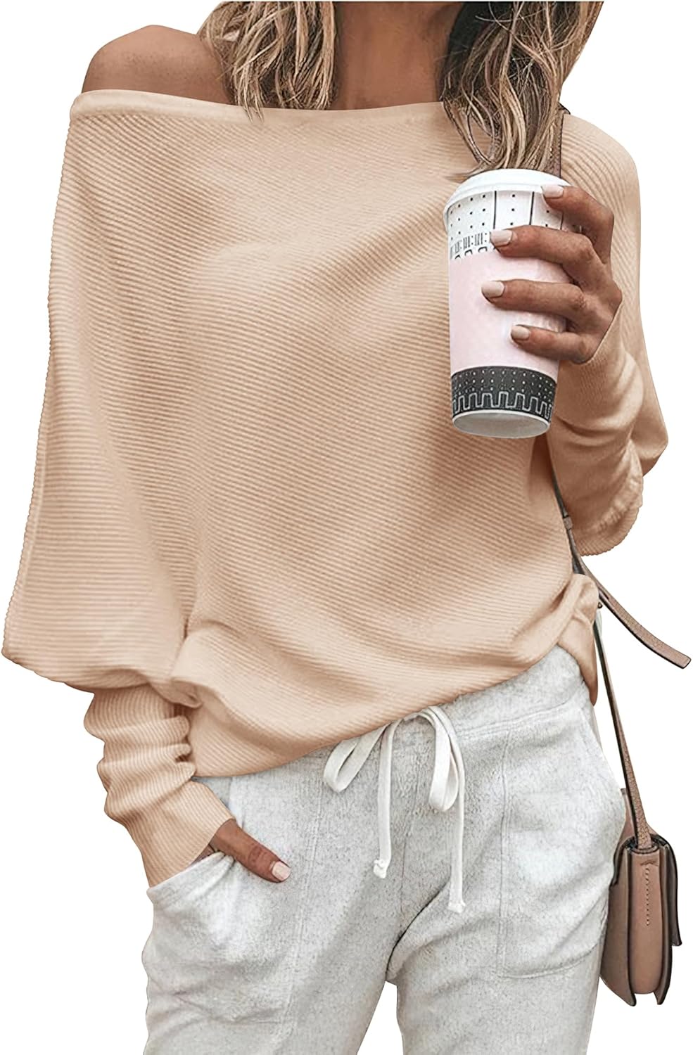 Zenlonr Women's Fall Sweaters 2025 Casual Long Batwing Sleeve Loose Off Shoulder Knit Pullovers Jumper Tops