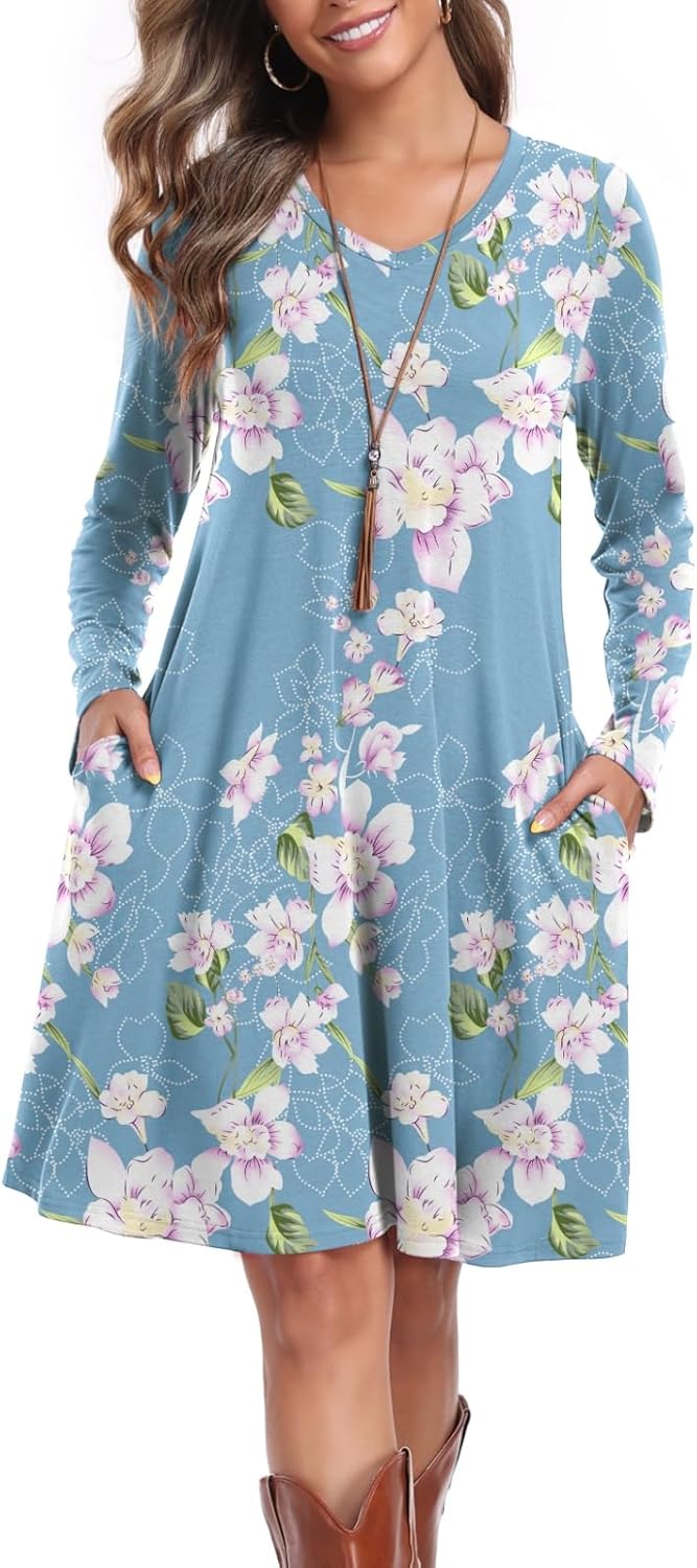 Women's Casual T Shirt Dresses Fall Long Sleeve Swing Dress with Pockets