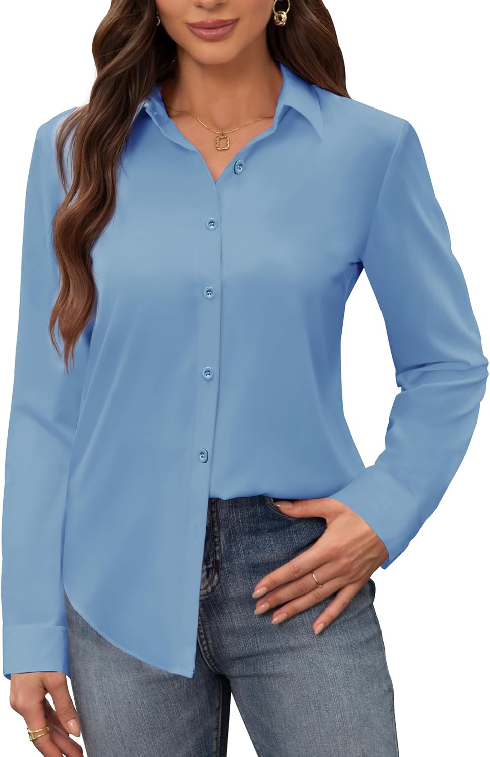 siliteelon Women's Stain Shield Dress Shirts Wrinkle Free Long Sleeve Shirts Solid Work Business Button Down Shirts