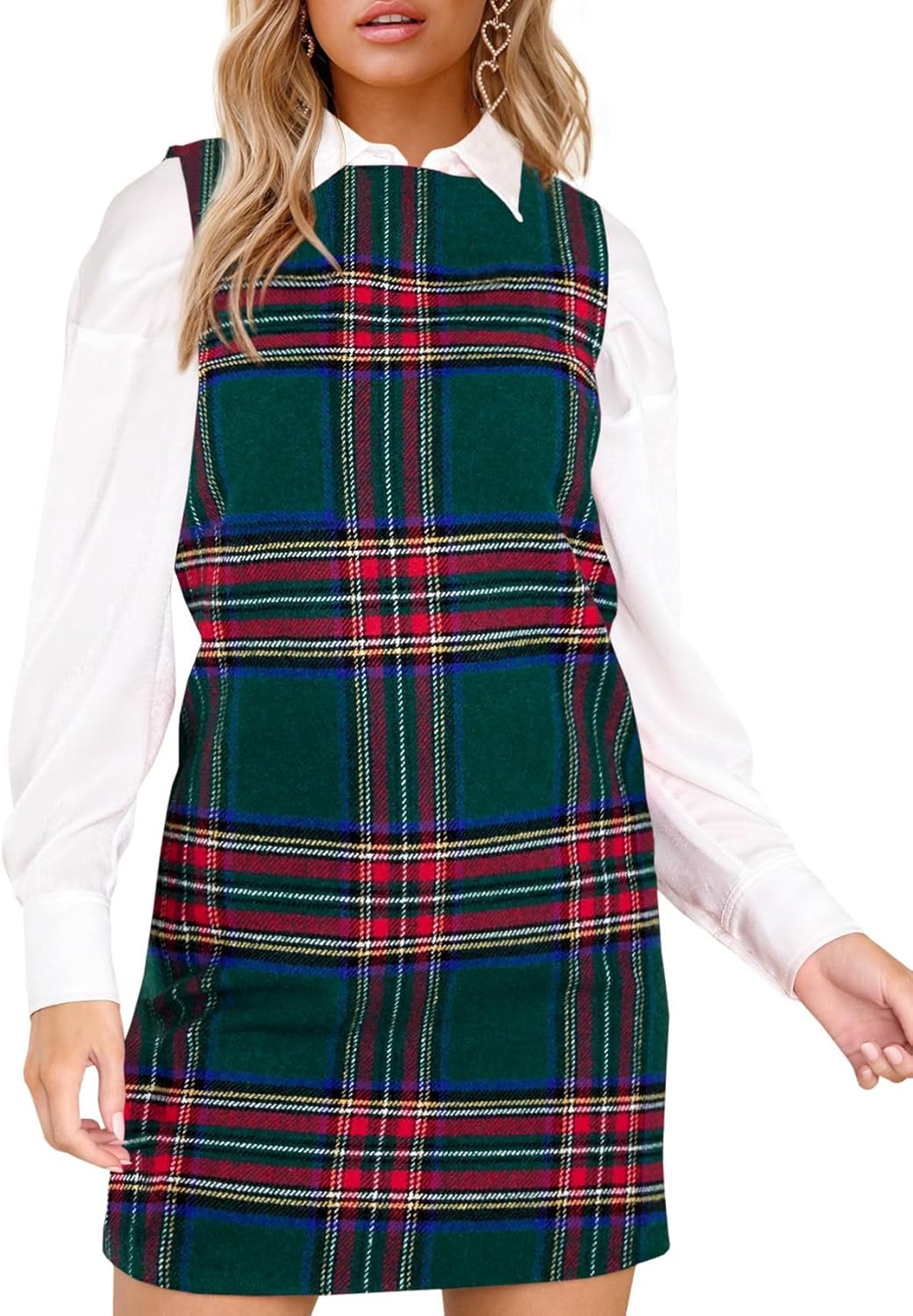 Fisoew Women's Plaid Christmas Dress Mini Sleeveless Round Neck A Line Short Xmas Party Dresses