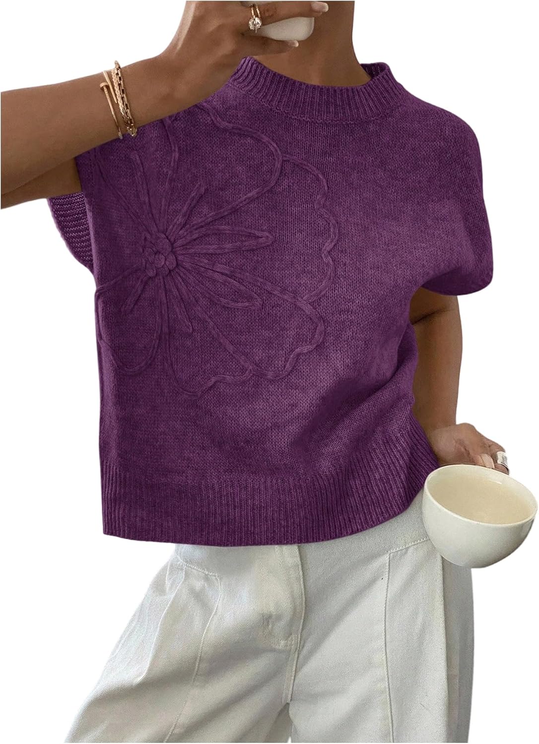 SOLY HUX Women's Ribbed Sweater Crew Neck Short Sleeve Loose Fit Floral Knit Pullover Tops