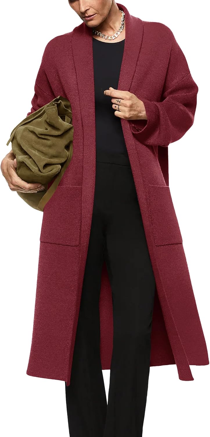 Womens Long Sleeve Maxi Cardigan Open Front Oversized Knitted Sweater Coat Casual Lapel Warm Overcoat with Pockets
