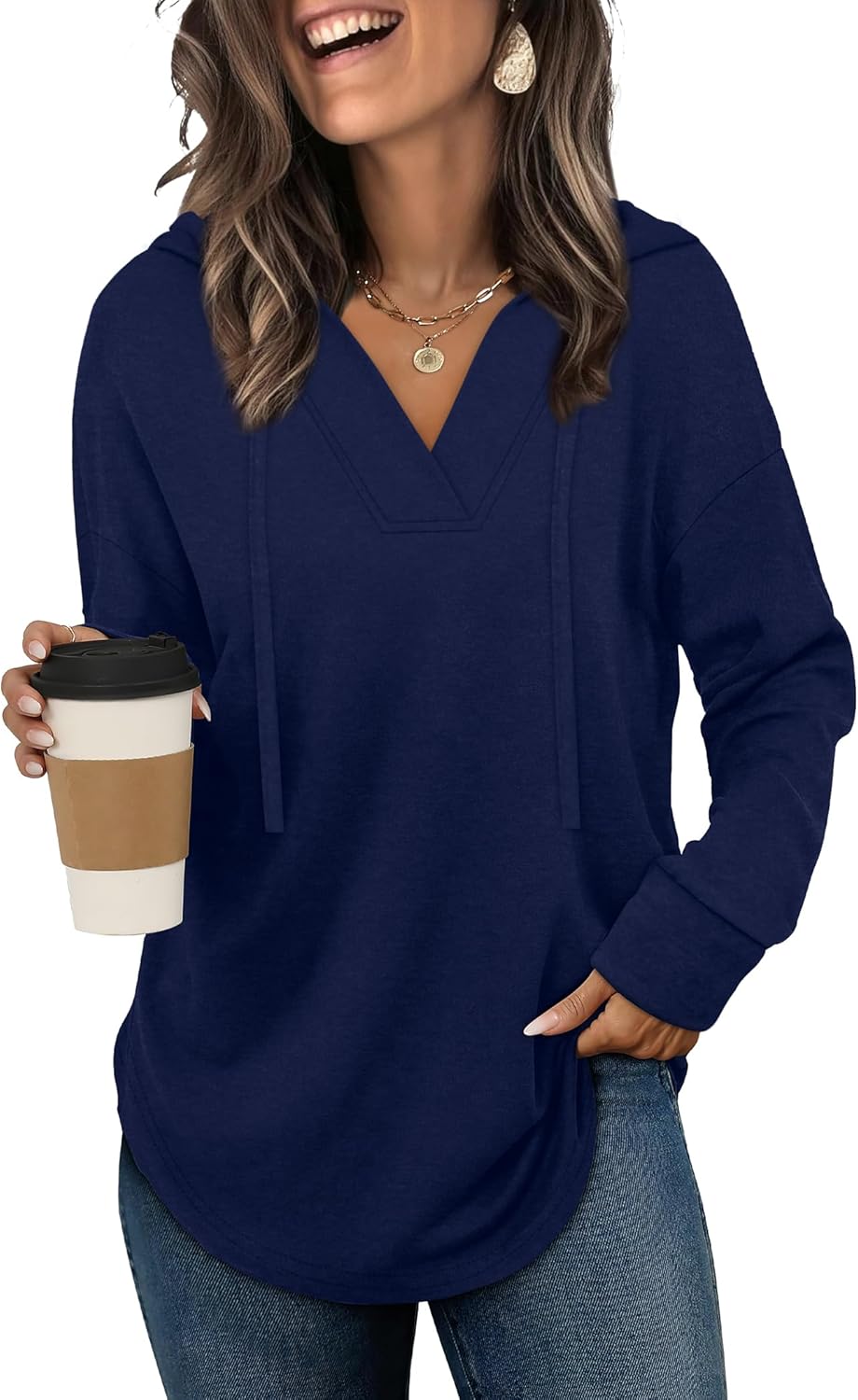 Sampeel Hoodies for Women Trendy Fall Fashion 2025 V Neck Oversized Sweatshirt Plus Size Tops Clothes