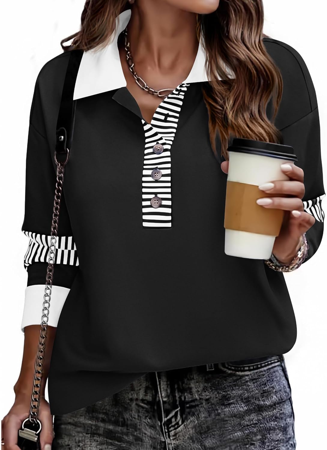 Zeagoo Womens Sweatshirt Henley V Neck Button Down Shirts Color Block Blouses Pullover 2025 Fall Business Casual Outfits
