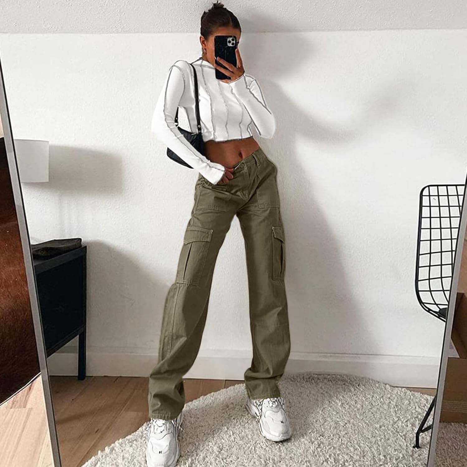 Lepunuo Cargo Pants for Women High Waisted Casual Pants Baggy Stretchy Wide Leg Y2K Streetwear with 6 Pockets