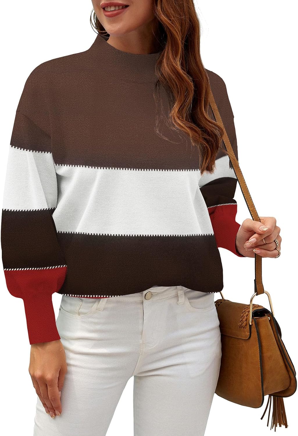 WEACZZY Women's 2025 Fall Fashion Casual Sweaters Mock Neck Long Lantern Sleeve Lightweight Knit Pullover Sweater Tops