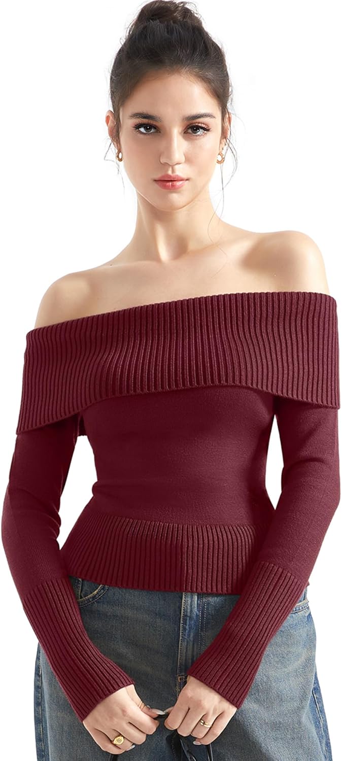 SUUKSESS Women Off Shoulder Sweaters Long Sleeve Ribbed Knit Going Out Fall Tops Blouse