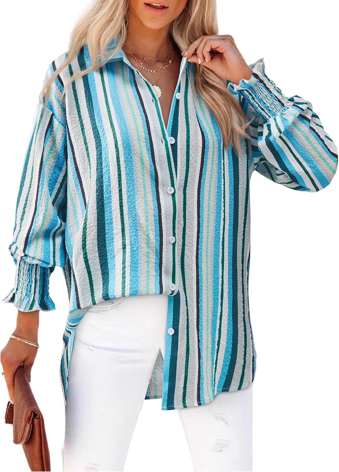 Women's Striped Button Down Shirts Long Sleeve Smocked Cuffed Oversized Boyfriend Blouses Collared Work No Pockets Tops