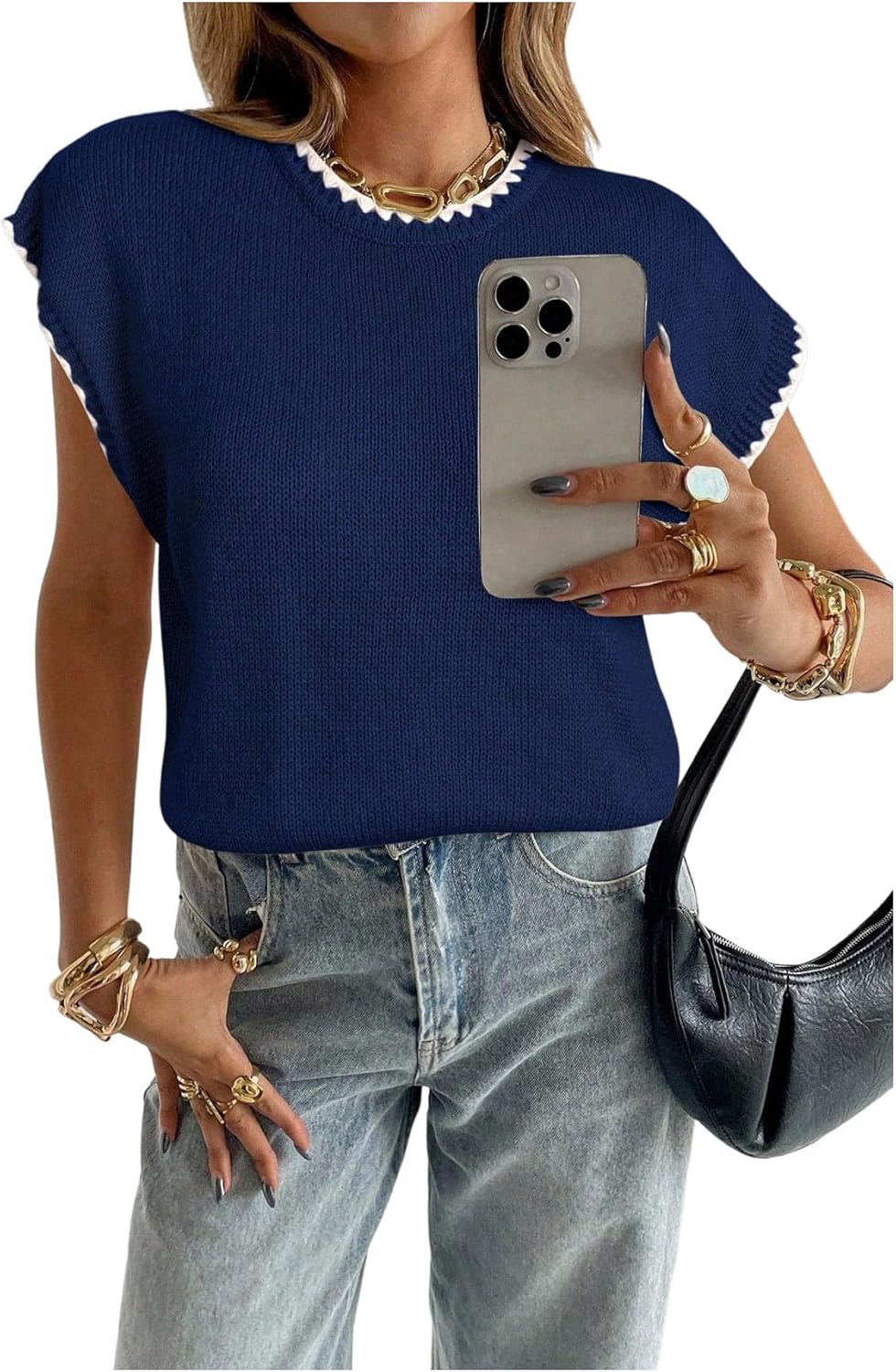 SOLY HUX Women's Ribbed Sweater Crew Neck Short Sleeve Loose Fit Floral Knit Pullover Tops