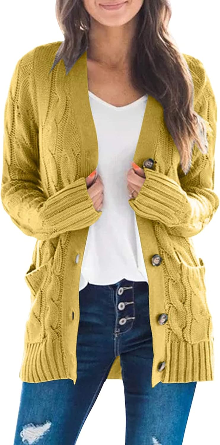 MEROKEETY Women's 2025 Fall Long Sleeve Cable Knit Sweater Open Front Cardigan Button Loose Outerwear