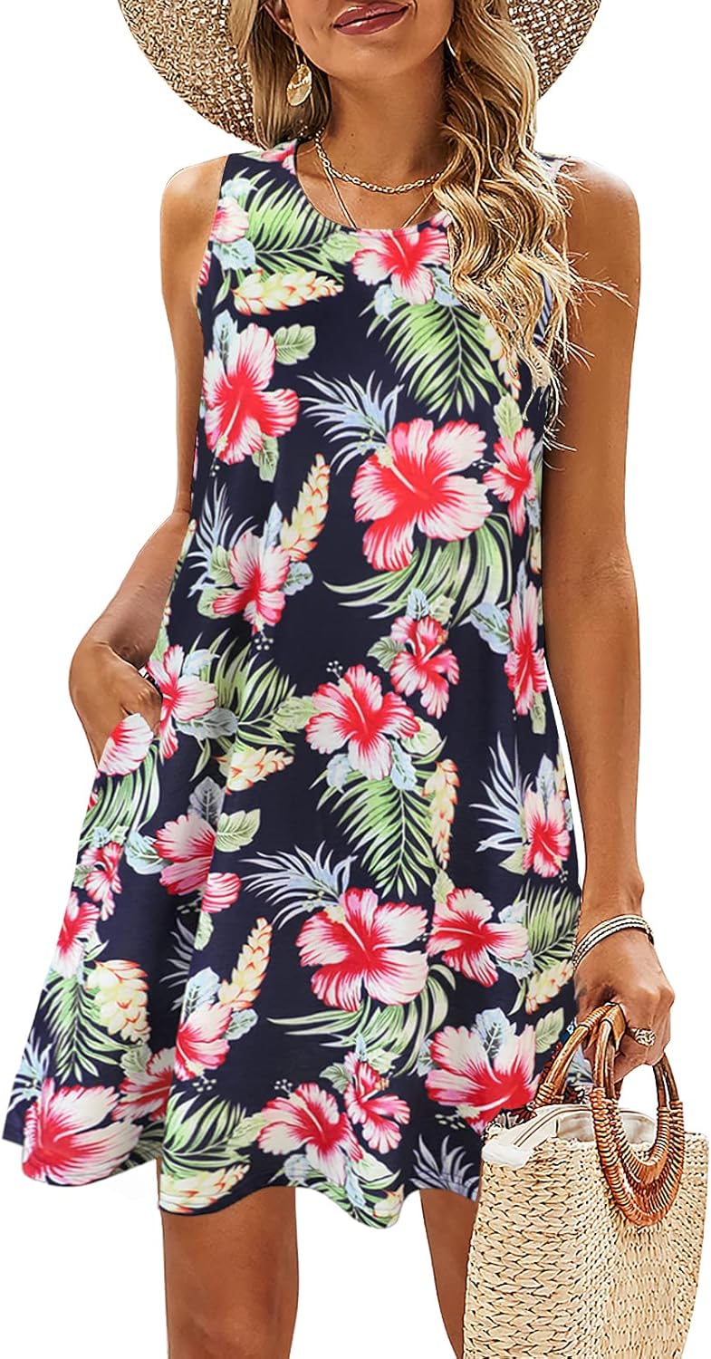 SimpleFun Summer Dresses for Women Beach Floral Tshirt Sundress Casual Pockets Boho Tank Dress