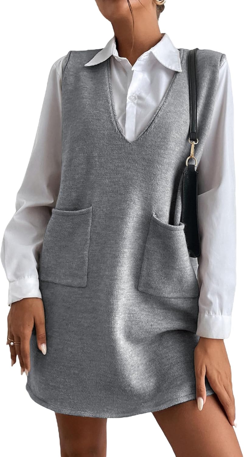 OYOANGLE Women's V Neck Sleeveless Knitted Solid Short Sweater Dress with Pockets