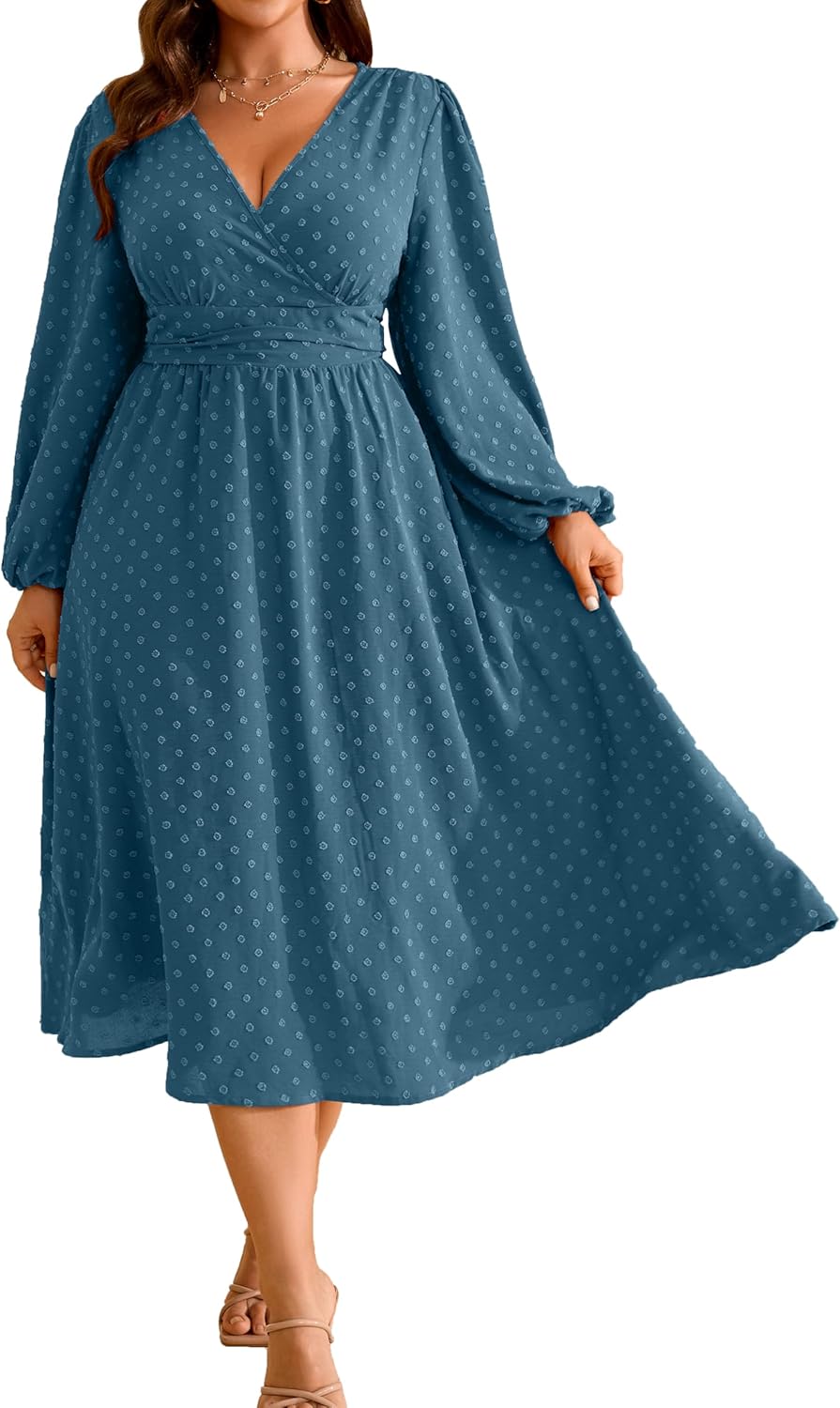 RWJ Women's Plus Size Fall Wedding Guest Dress Wrap V Neck Swiss Dot Lantern Long Sleeve Swing Boho Casual Dresses