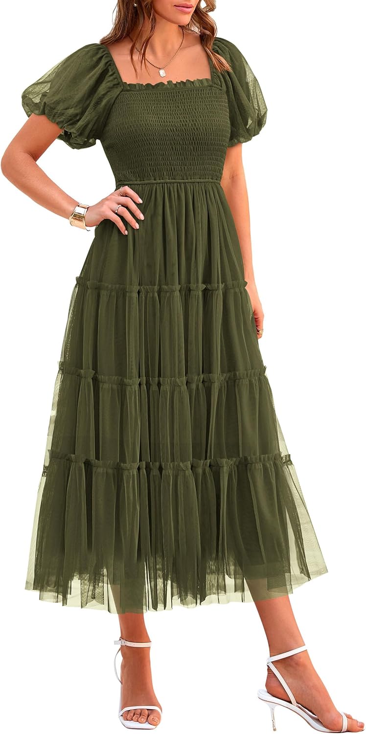 PRETTYGARDEN Women's Smocked Midi Tulle Dress 2025 Summer Puffy Short Sleeve Square Neck Ruffle Wedding Guest Party Dresses