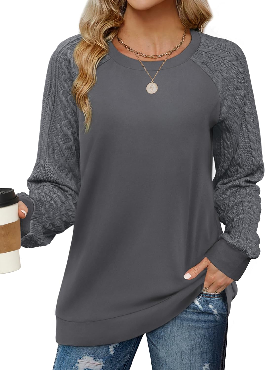 Saloogoe Sweatshirts for Women Crewneck Cable Knit Sleeve Sweaters Lightweight Fashion 2025