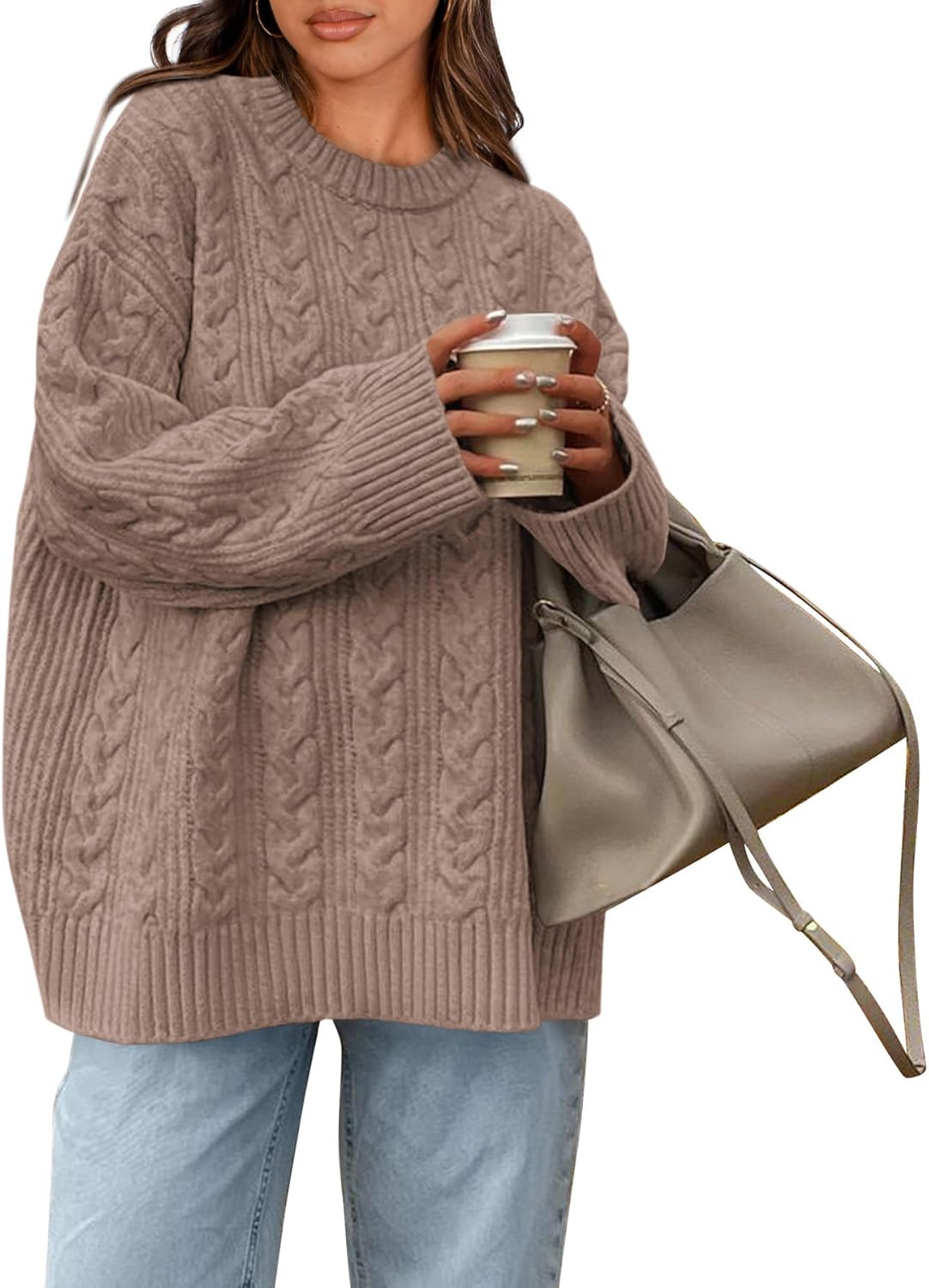 Okiwam Women's Oversized Sweaters Crewneck Cable Knit Pullover Casual Loose Fall Outfits Fashion Clothes 2025