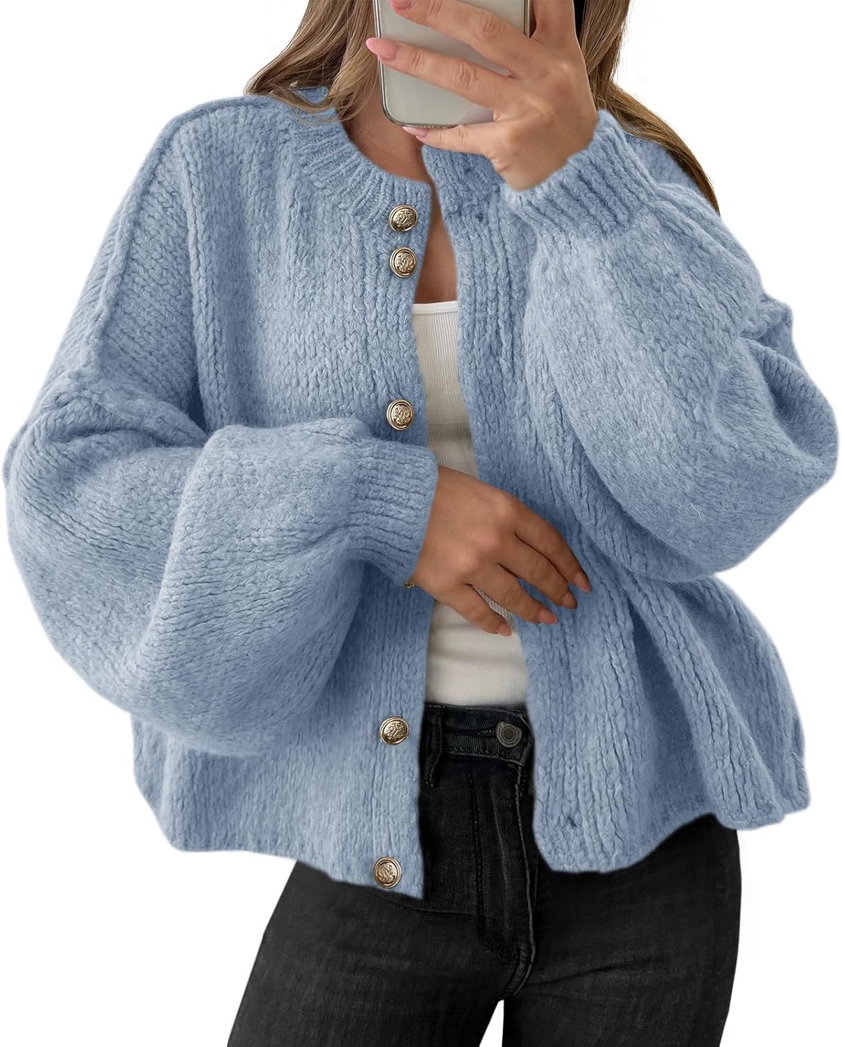 Saodimallsu Womens Oversized Cardigans Button Up Long Lantern Sleeve Chunky Knit Casual Soft Fall Sweater Coats