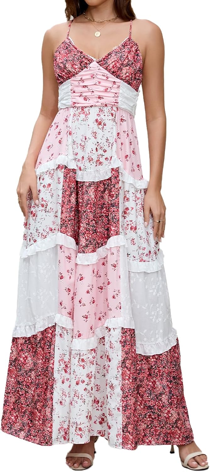 Women Floral Maxi Dress Spaghetti Straps V Neck Patchwork Flowy Boho Sundress Tiered Long Dresses