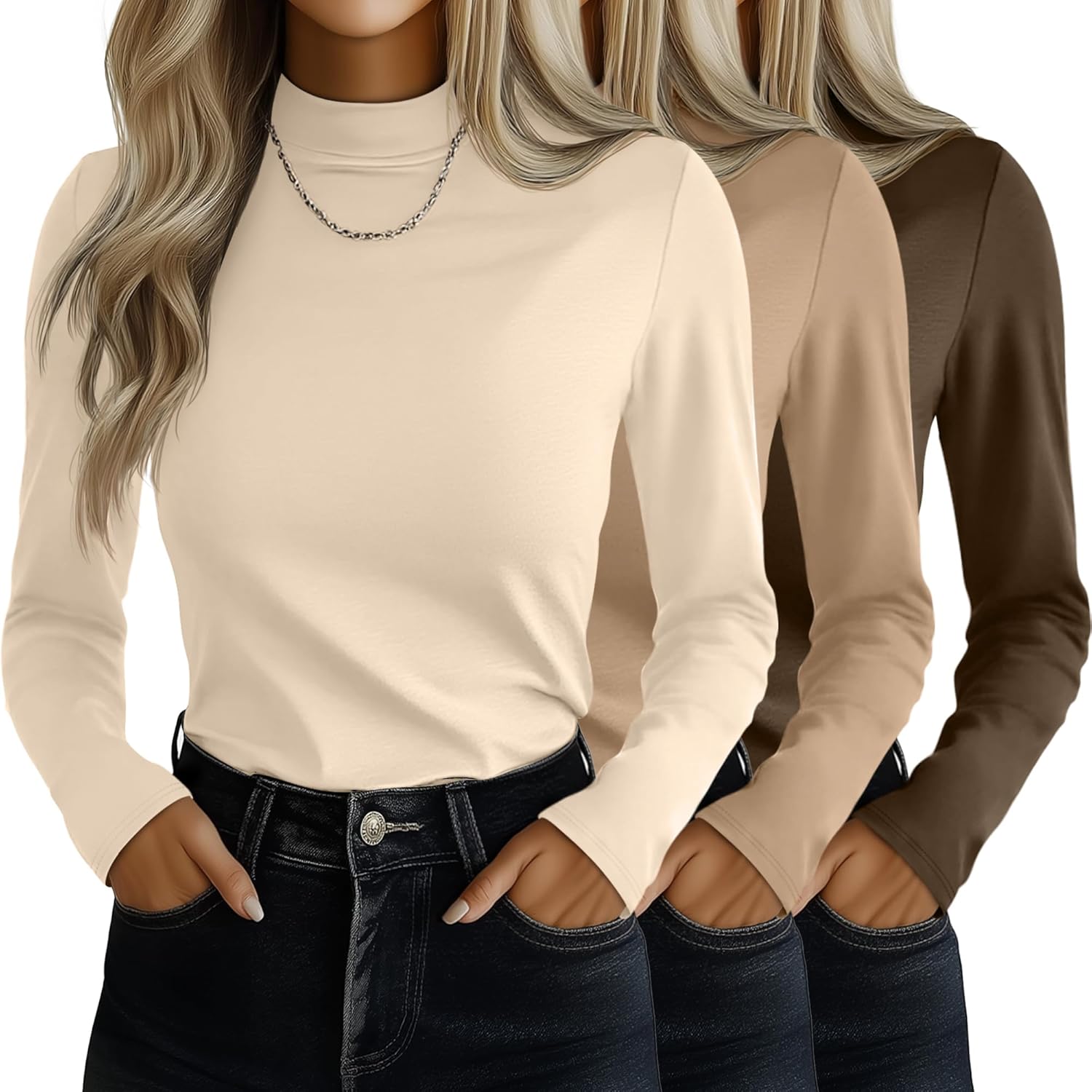 Ficerd 3 Pack Women's Mock Turtleneck Shirts, Long Sleeve Mock Neck Pullover Tops Slim Fitted Stretch Undershirt Tee Blouse